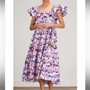 Kika Vargas Cicely Flutter Sleeve Ruffle Purple Watercolor Floral Maxi Dress